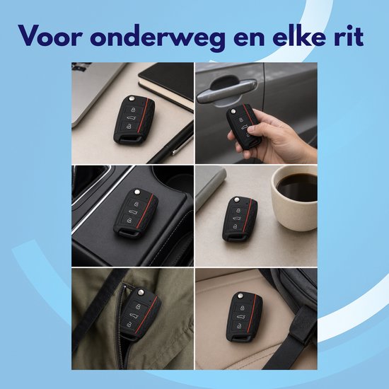 Set van 6 afbeeldingen die de zwarte siliconen autosleutelcover met rode accenten tonen in verschillende dagelijkse situaties.