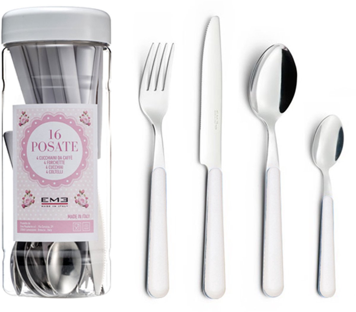 EME Brio Bestekset voor 4 personen, 16-delig, Roestvrij staal met gekleurd handvat, White 19, Tube Box