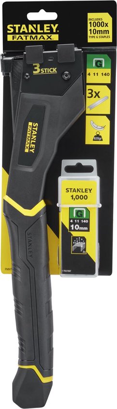 Verpakking van de Stanley Fatmax 3-stick hamertacker met gele accenten, inclusief nietjes.
