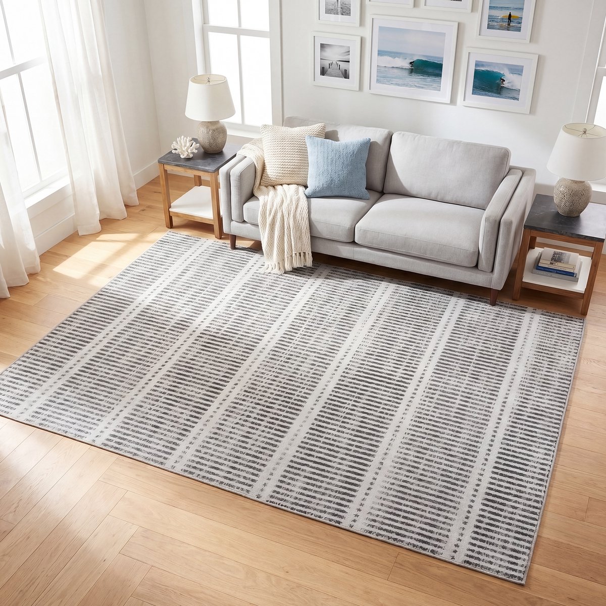 Tribesigns The Carpet - Laagpolig Wasbaar Fluffy en Zacht - Ultradun - Gestreept Ontwerp in Landhuisstijl - Antislip - Woonkamer Tapijt - Gemaakt van Chenille - 160 x 230 cm - Grijs