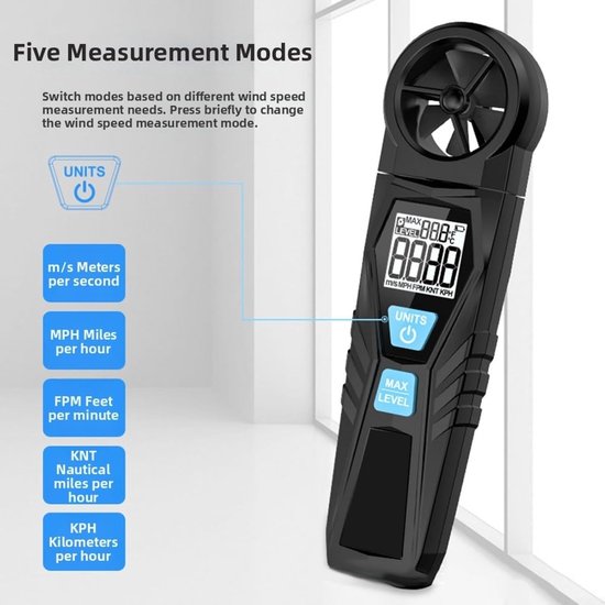 Digitale Anemometer - Windmeter Luchtstroommeter - Luchtstroom Meten - 180° Draaibaar Vleugelwiel - 0.8-108 km/u - Zwart — afbeelding 4