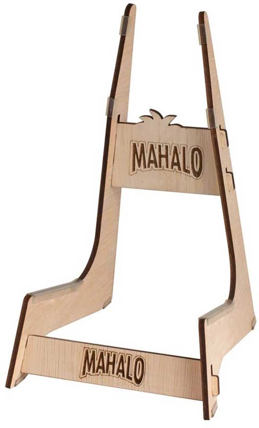 Houten Mahalo ukulele standaard met ingebrande 'Mahalo' logo's.