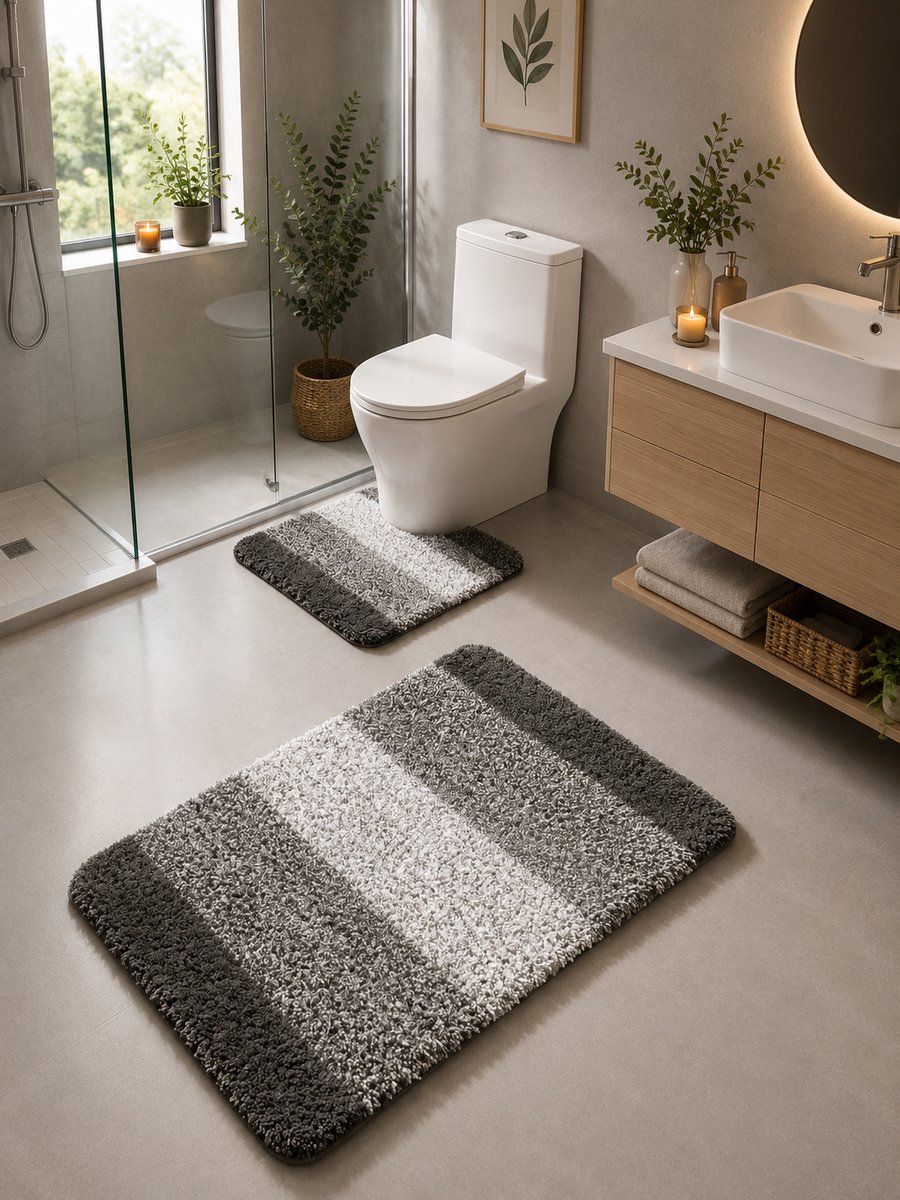 Luxe Badmat Set 2-Delig Grijs/Wit – Microvezel Badmatten – Antislip TPR – Zacht, Waterabsorberend & Machinewasbaar Lichtgrijs
