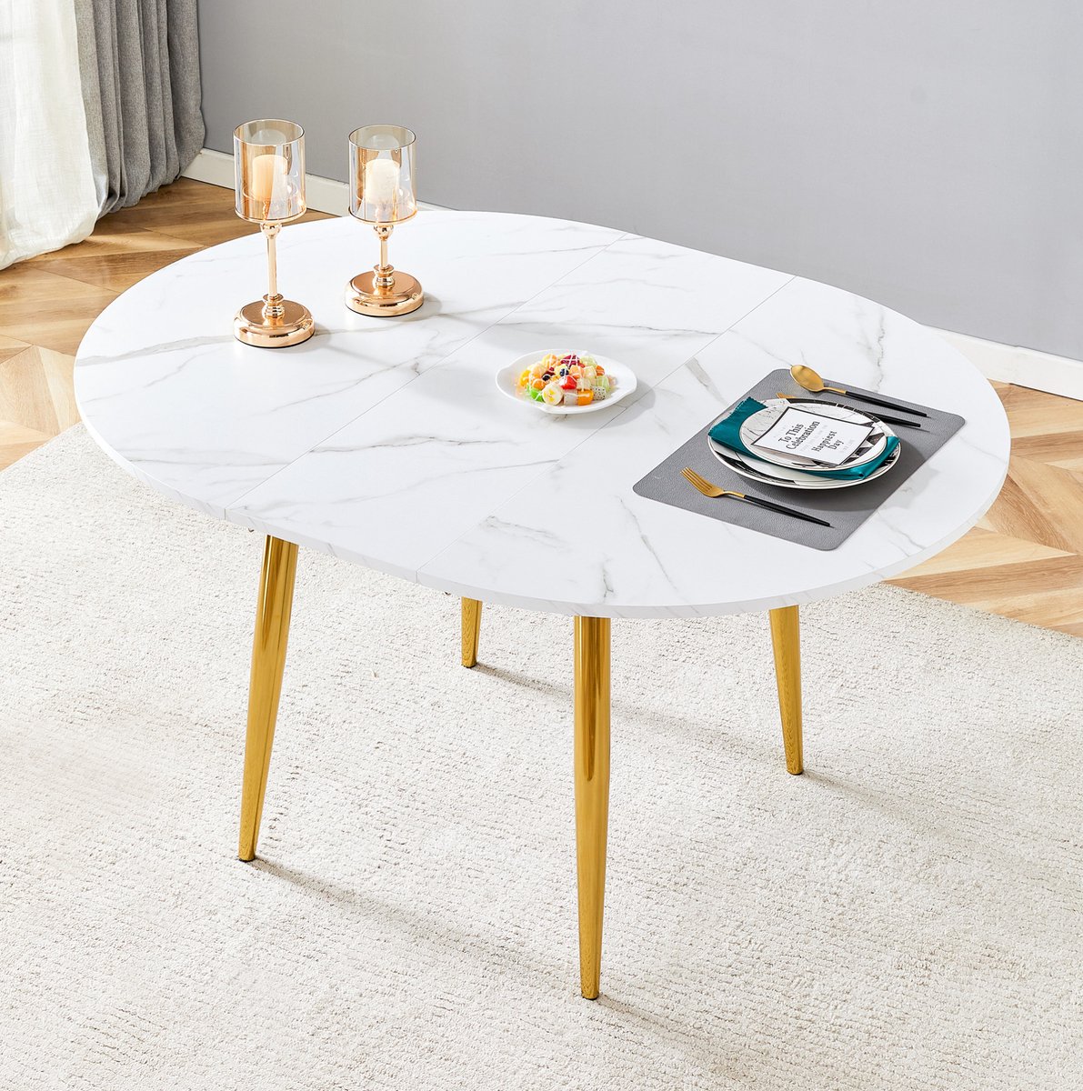 OKWISH Eettafel - Uitschuifbare Ronde Tafel - Ovaal Verlengbaar 107-137 cm - Voor Eetkamer en Woonruimte - MDF en Metaal Wit - 137x107x75 cm