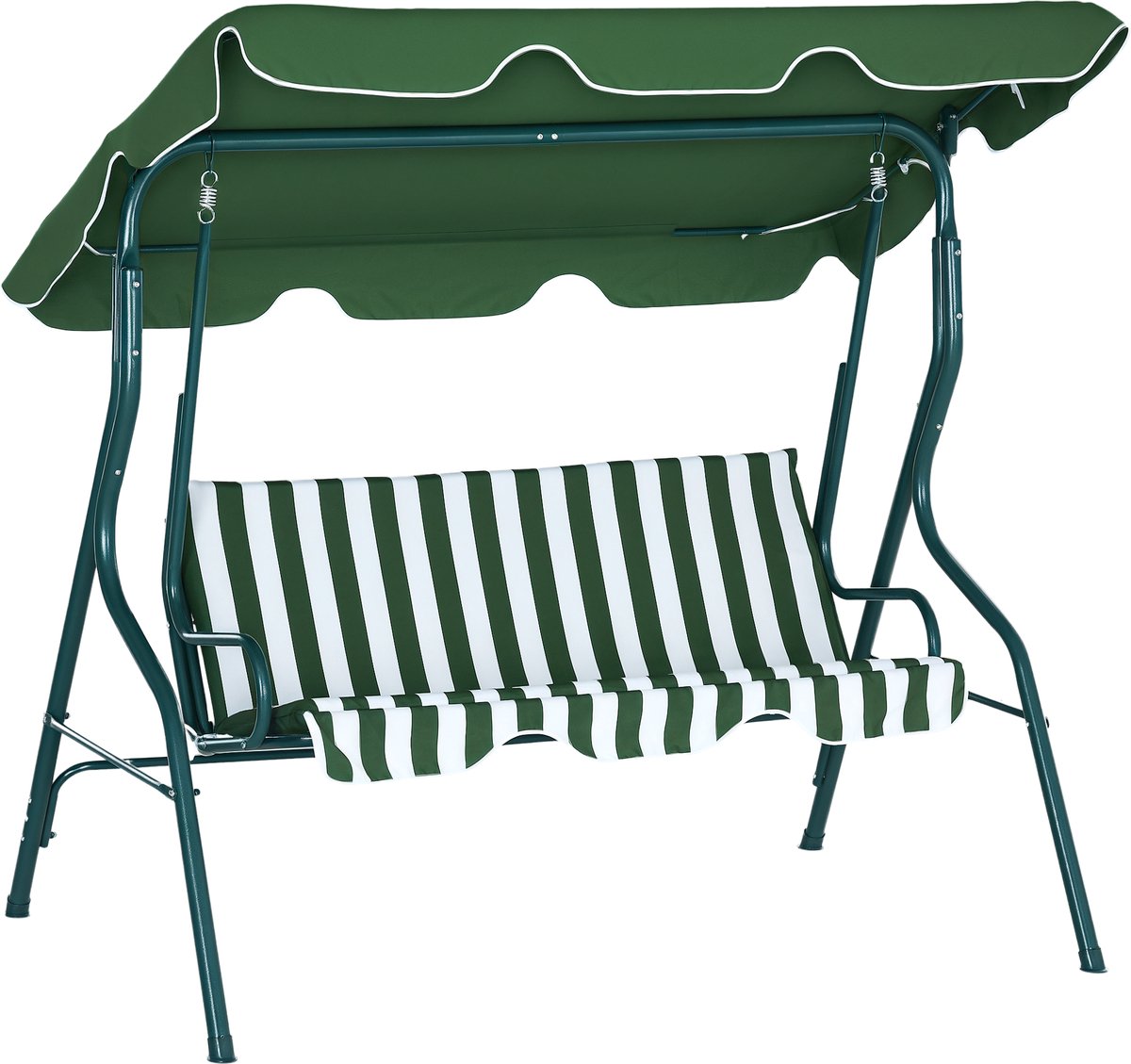 3-zits schommel met verstelbare luifel en kussens, staal en polyester, 170x110x153cm, groen en wit