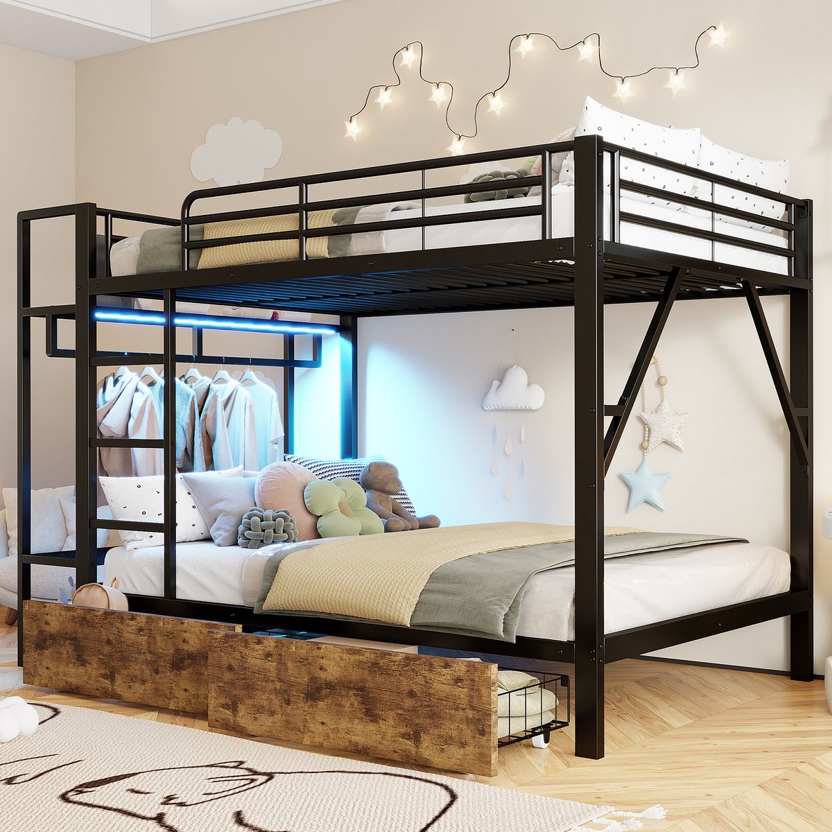 KOMHTOM - Stapelbed - 140 x 200 cm - Stalen frame met 2 lades en meerdere opbergvlakken - LED-lichtstrip en kledingstang - Zwart