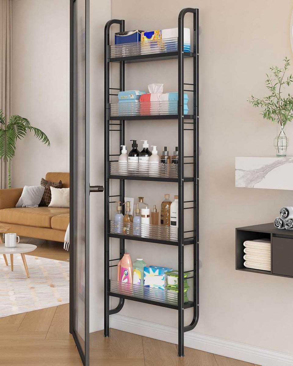 Thijox - Smal Opbergrek Achter de Deur, Nissenrek voor Badkamer, 5-voudige Boekenkast van Koolstofstaal, Multifunctioneel Klein Rek voor Woonkamer, Sl