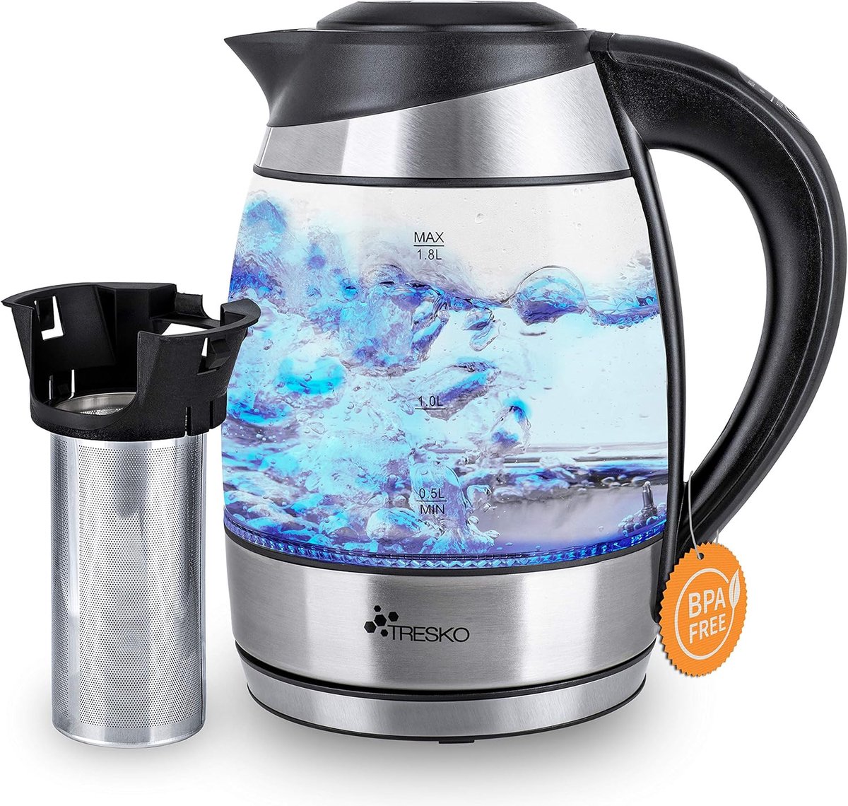 SnelShoppen - Glazen Waterkoker 1,8 L Roestvrij Staal met Theezeef, Kalkfilter, LED Verlichting, Temperatuurinstelling en Warmhoudfunctie - 2200 W voo