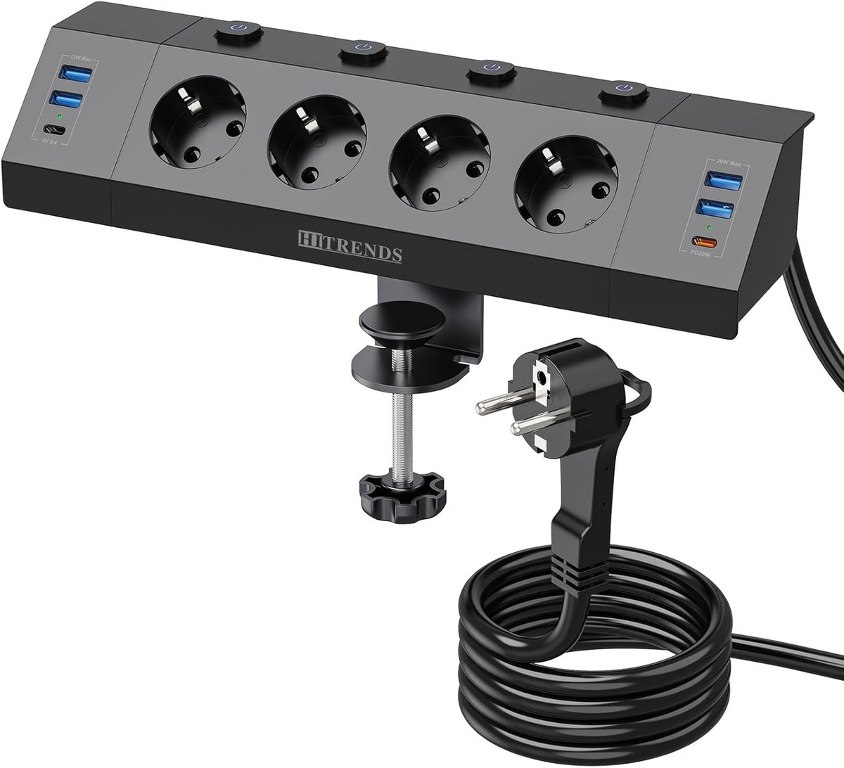 Tafelstopcontact met USB - Bureau stekkerdoos - Apparaten opladen - 10-in-1 hoekontwerp - 2 meter kabel - Zwart