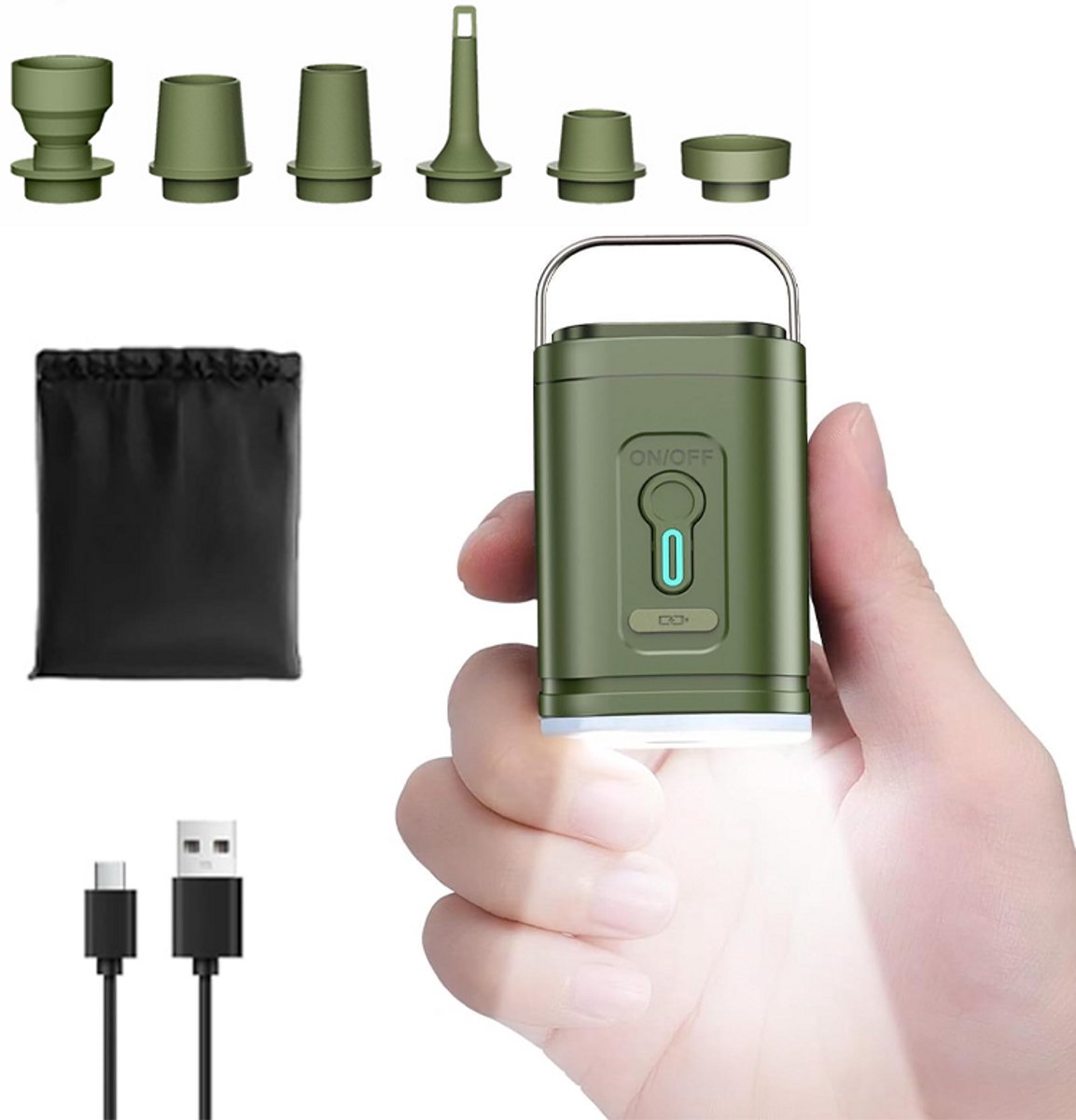 1-pack - Elektrische luchtpomp - Draadloze luchtpomp - Luchtbedpomp - Opblaas-/leeglooppomp - Inclusief 6 luchtmondstukken - 35W - Geschikt voor luchtmatrassen, luchtbedden, zwembaden en zwembanden - 2400mAh - 8,3*5cm - Groen