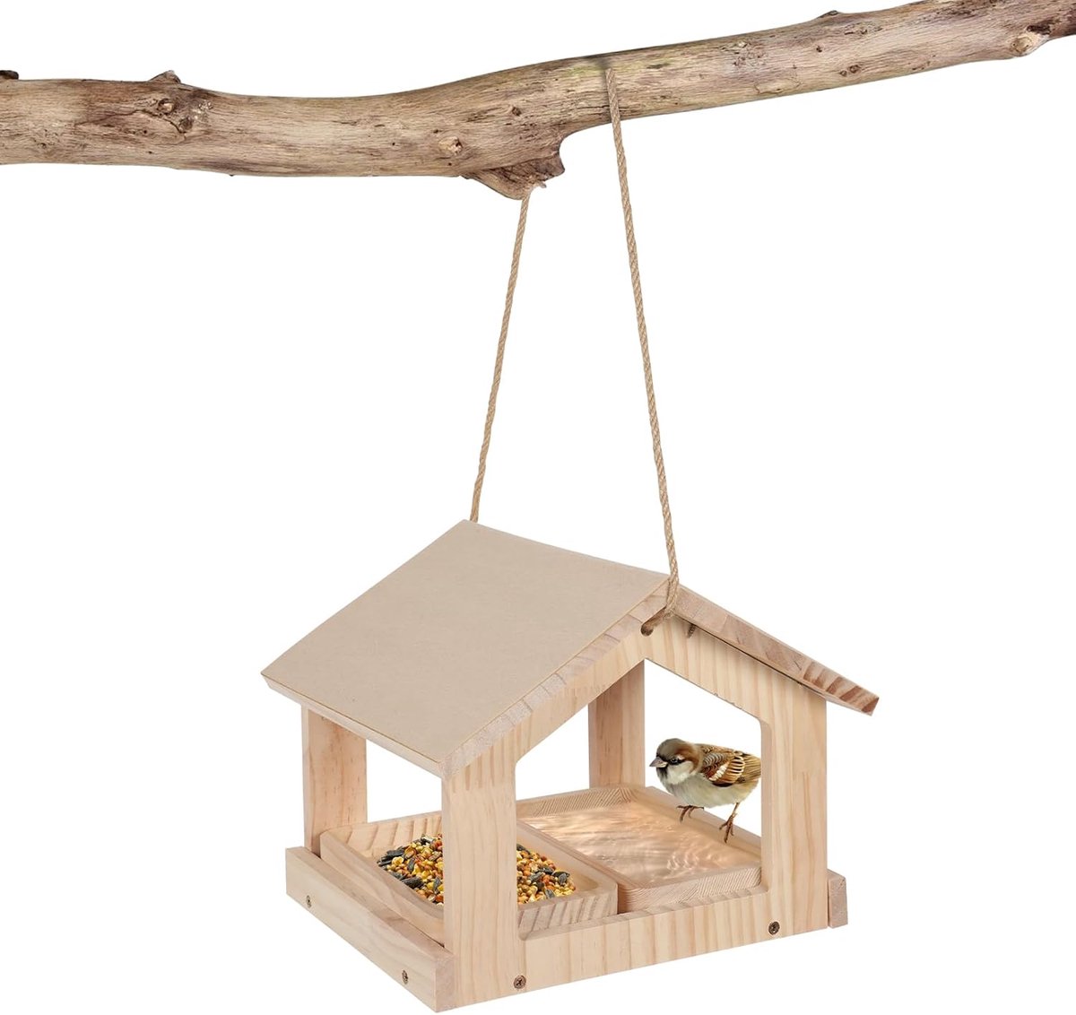Vogelhuisje met voederschaal - natuurlijk hout - regenbestendig dak - veilig voeden van vogels - m-winkel