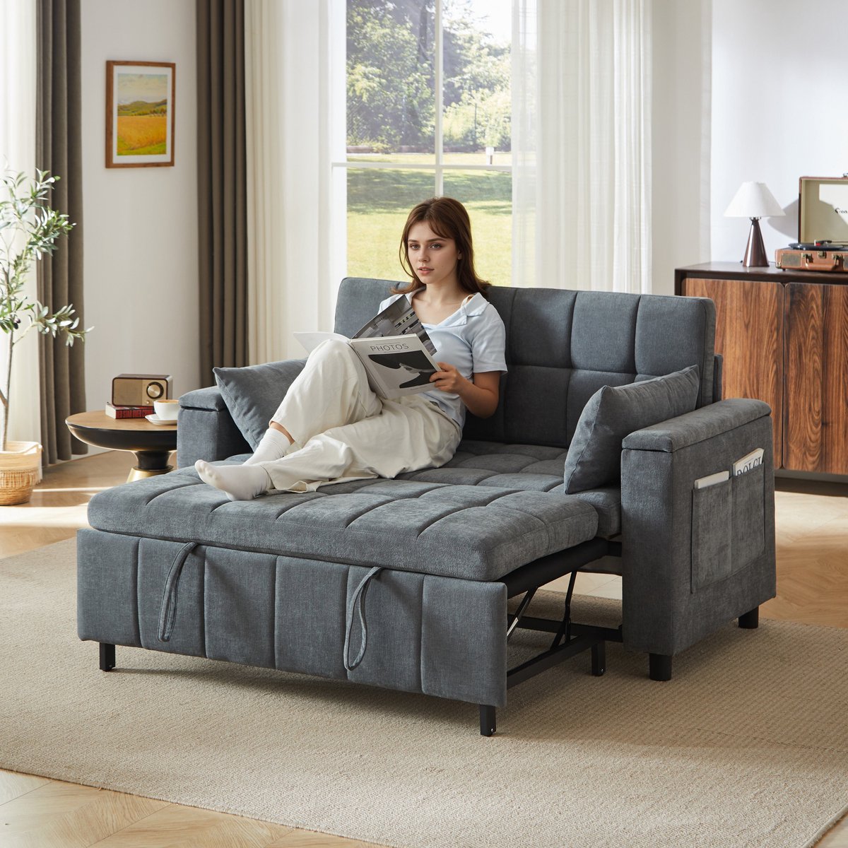 PHOEBE CAT Tweezitsbank - Slaapbank - Chenille - Opbergruimte in de armleuningen - Metalen frame - Grijs