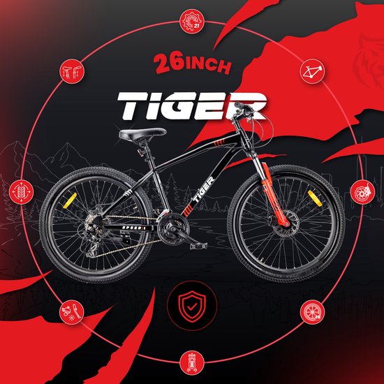 SUN BABY TIGER BIKE Mountainbike 26", MTB-fiets voor jongens en mannen, jeugd fiets 26 inch - stalen frame, 21 versnellingen, schijfremmen, vering - Zwart-Rood van Sun Baby — afbeelding 3