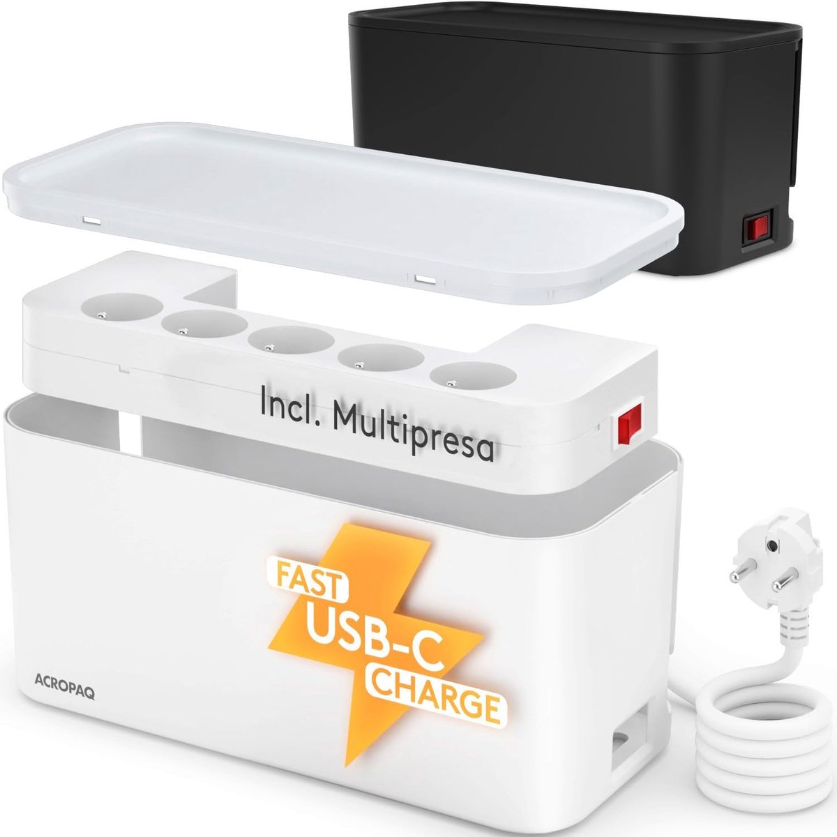 Thijox - Kabelbox Stekkerdoos met 5 EU Stopcontacten, 3 USB Poorten (USB-A, QC, USB-C), Organisator voor Snoeren, Kabelbox Wit voor Thuis, Kantoor, Ca