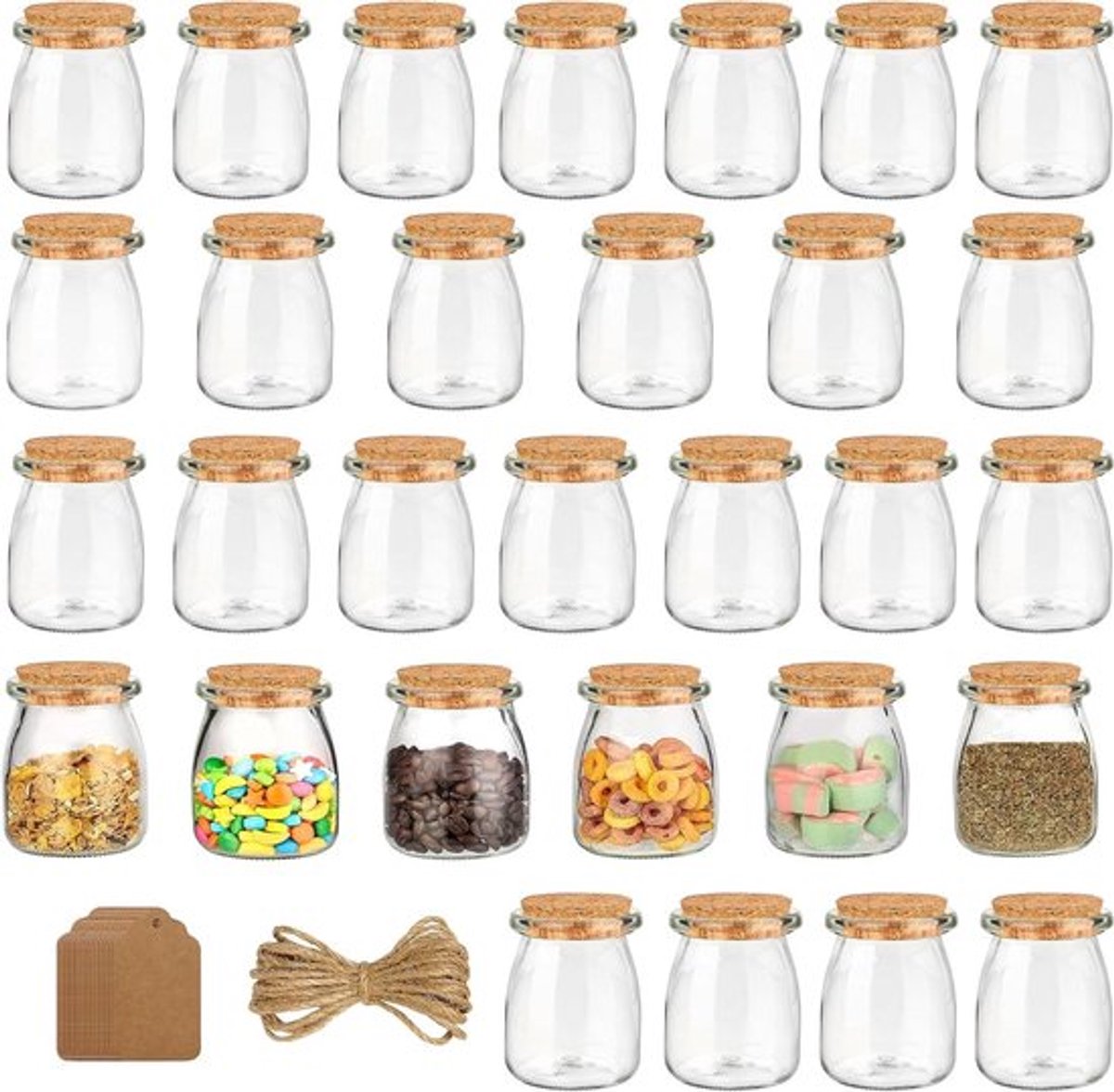 - Glazen Gunstpotjes Set - 30 stuks - Luchtdichte Opslagflessen - Kurken Deksels - Labeltags - Touw - 210ml - Mini Vierkante Mason - Huwelijksgunsten - Feest - Keukenkruiden - Jam