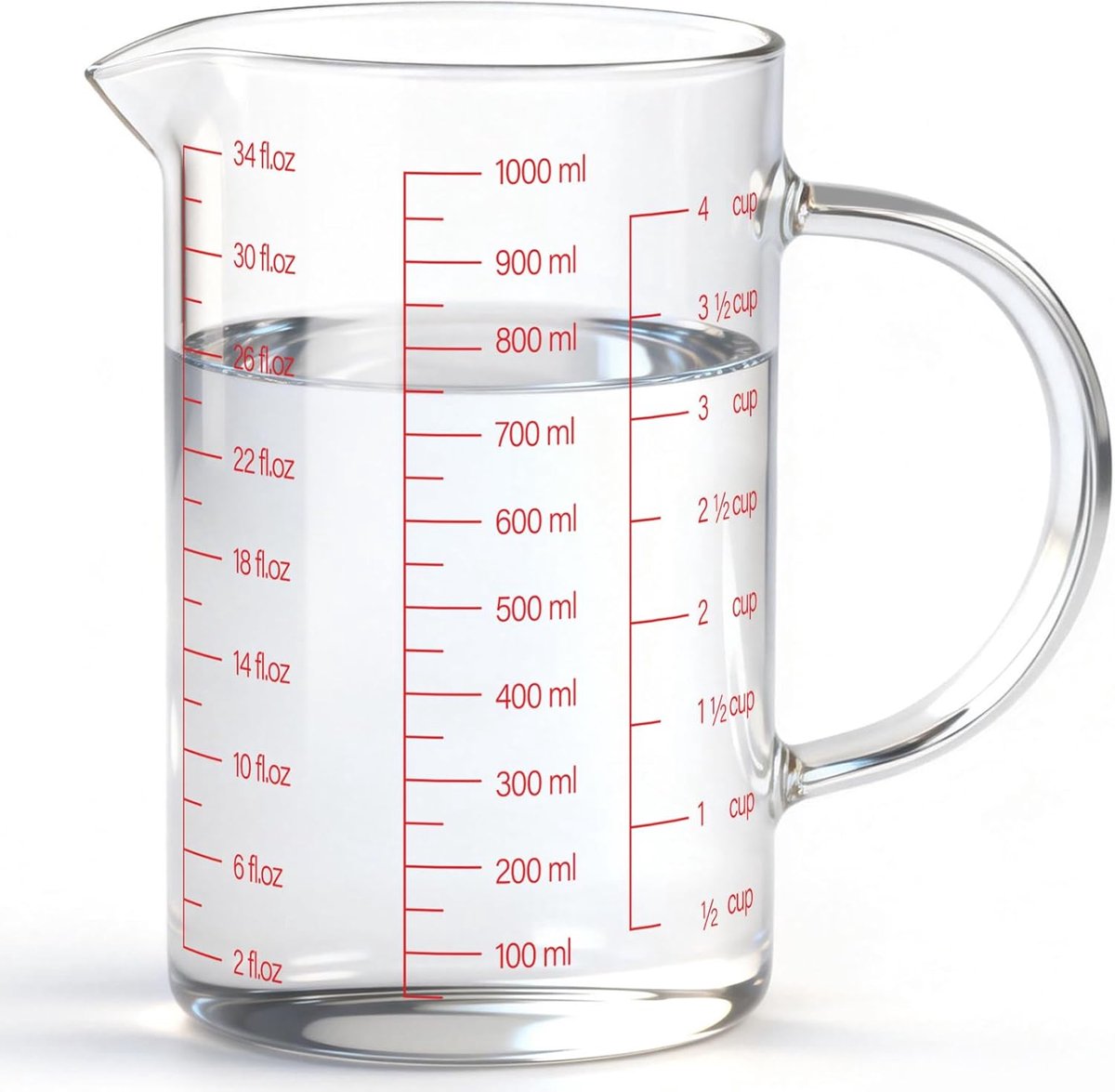 Thijox - Glazen Maatbeker 1000 ml | 4 Tassen | Hittebestendig Borosilicaatglas | V-vormige Uitloop | Ideaal voor Mixen en Koken | Vaatwasser-/Vries-/M