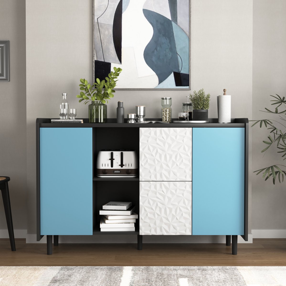 COVREO Dressoir 120 x 40 x 80 cm - met 2 lades, open vakken en blauwe deuren, zwart