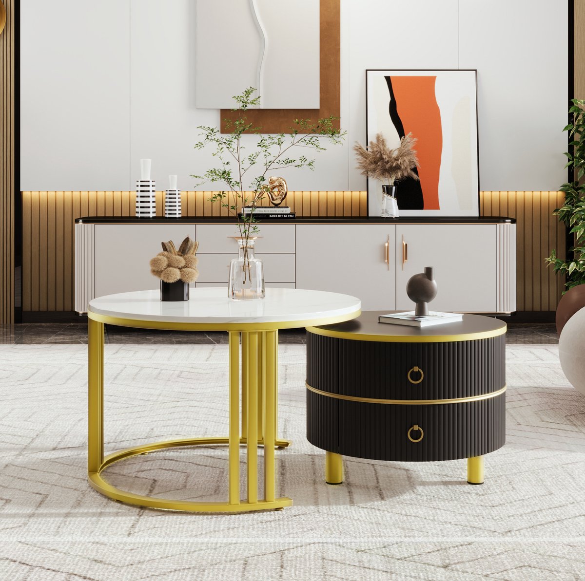 COVREO salontafel set van 2 rond 70 x 70 x 46 + 50 x 50 x 40 cm - lades, hoogglans, zwart goud