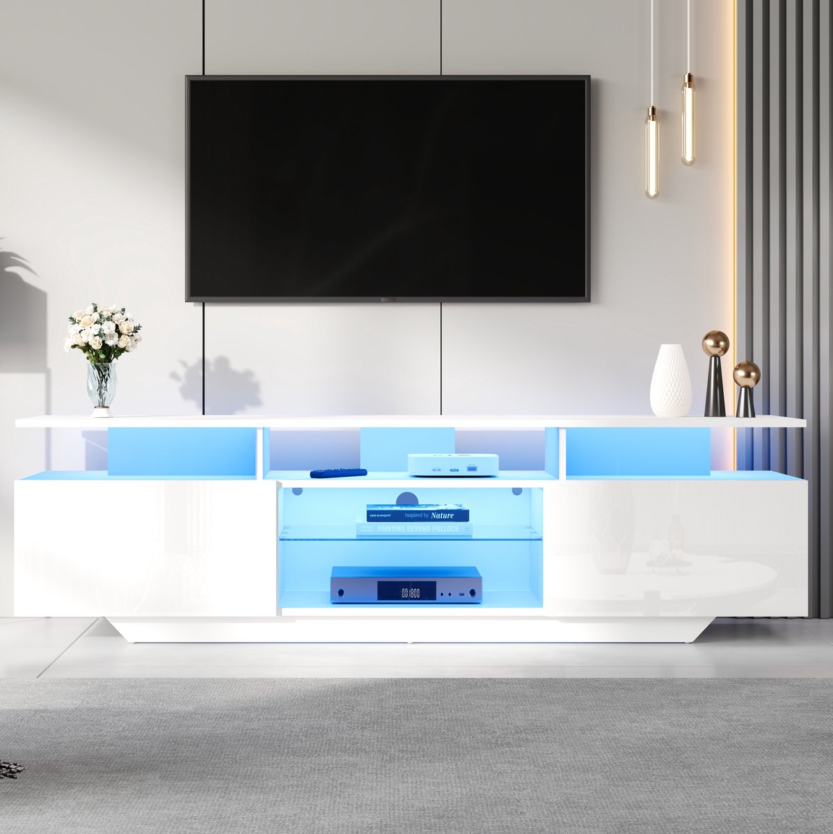 COVREO TV-meubel 160 x 40 x 45 cm - wit, LED-verlichting, 2 kasten en 8 opbergvakken