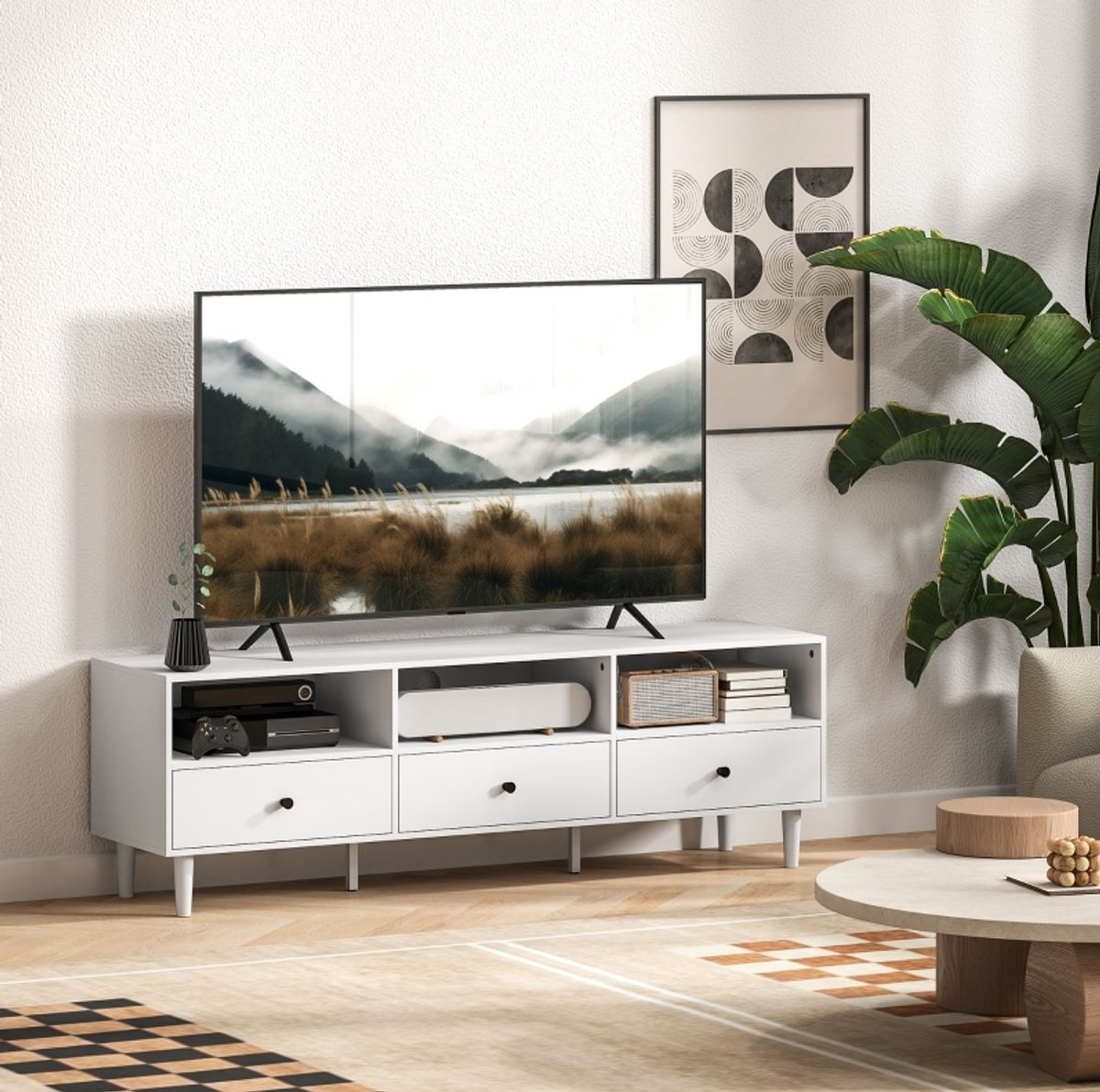 COVREO TV meubel 140 x 34 x 45 cm - 3 open vakken, 3 lades, kabelmanagement, wit