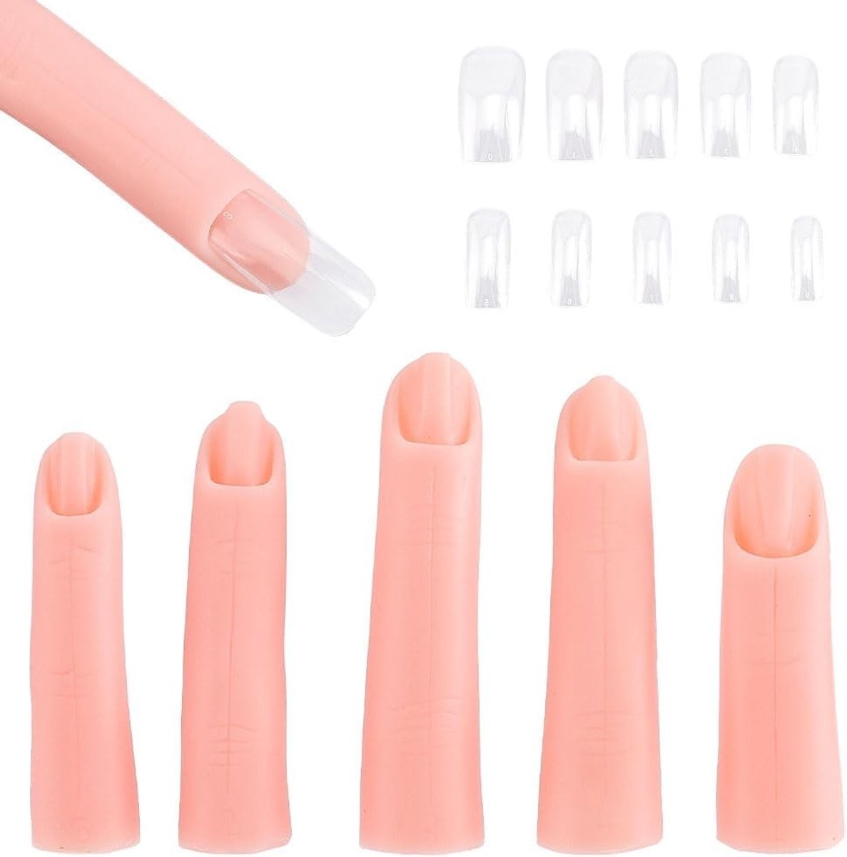 Nagelkunst oefenset met 10 oefenvingers en 100 herbruikbare kunststof nageltips voor perfecte nageltraining, flexibel en buigzaam mannequinmodel
