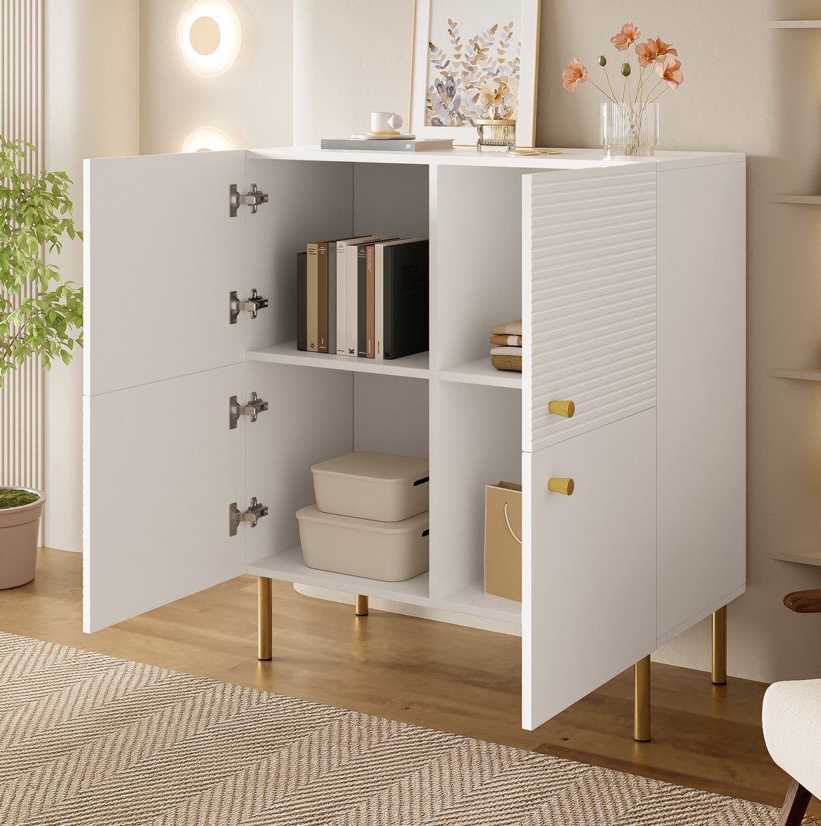COVREO dressoir 80 x 36 x 90 cm - wit MDF met zinklegering grepen en stalen poten