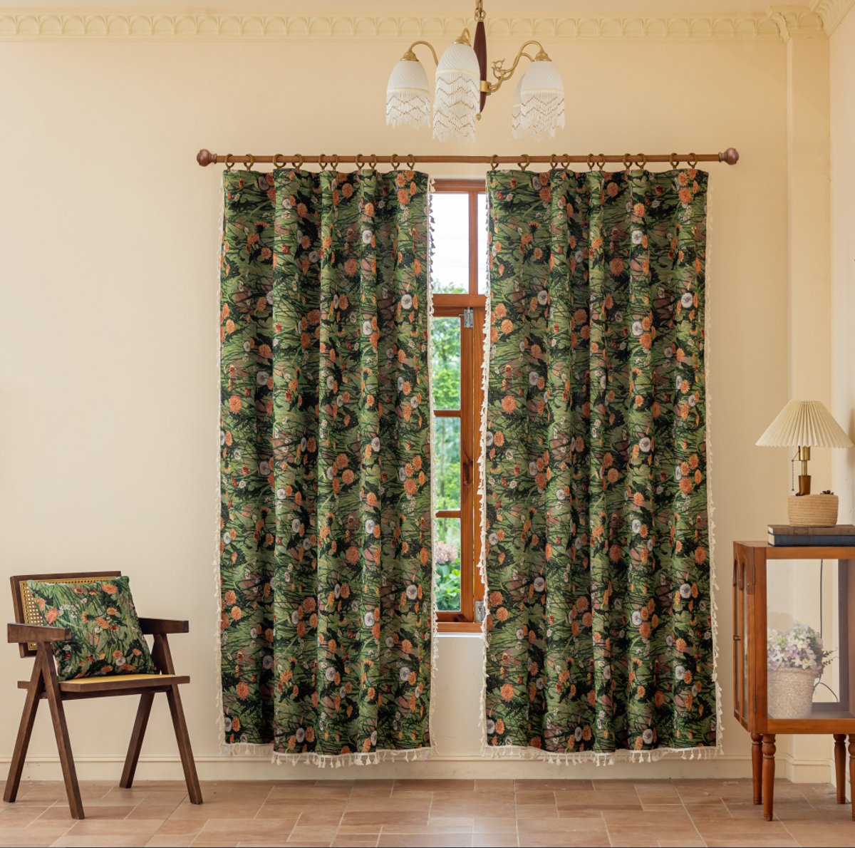 Polyester gordijnen met olieverfprint van wilde bloemen, vintage jacquardgordijnen met kwastjes en franjes voor interieurdecoratie, 145 x 220 cm
