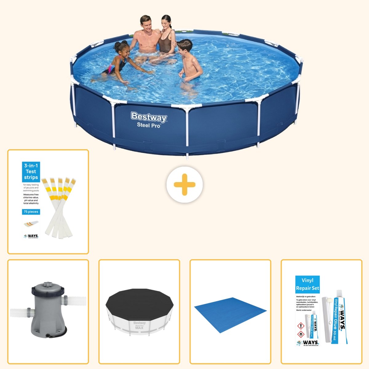 Bestway Rond Steel Pro Zwembad - 366 x 76 cm - Blauw - Inclusief Pomp - Afdekzeil - Grondzeil - Reparatiesetje - Testrips - 6-delig