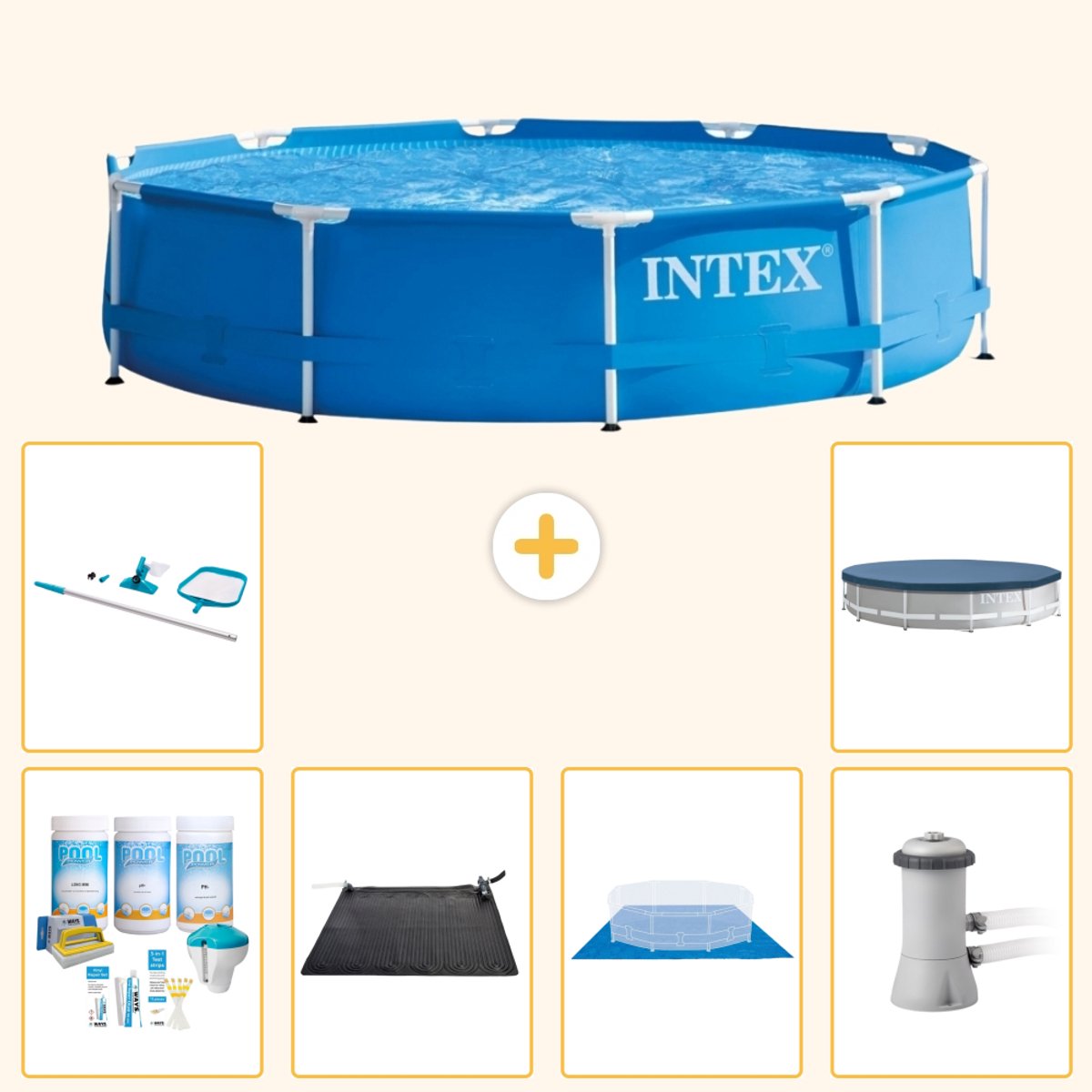 Intex Rond Frame Zwembad - 366 x 76 cm - Blauw - Inclusief Onderhoudspakket - Solar Mat - Grondzeil - Zwembadfilterpomp - Schoonmaakset - Afdekzeil - 7-delig