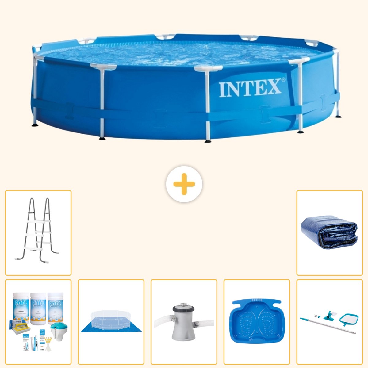 Intex Rond Frame Zwembad – 305 x 76 cm – Blauw – Inclusief Onderhoudspakket – Grondzeil – Zwembadfilterpomp – Voetenbad – Ladder – Schoonmaakset – Solarzeil – 8-delig