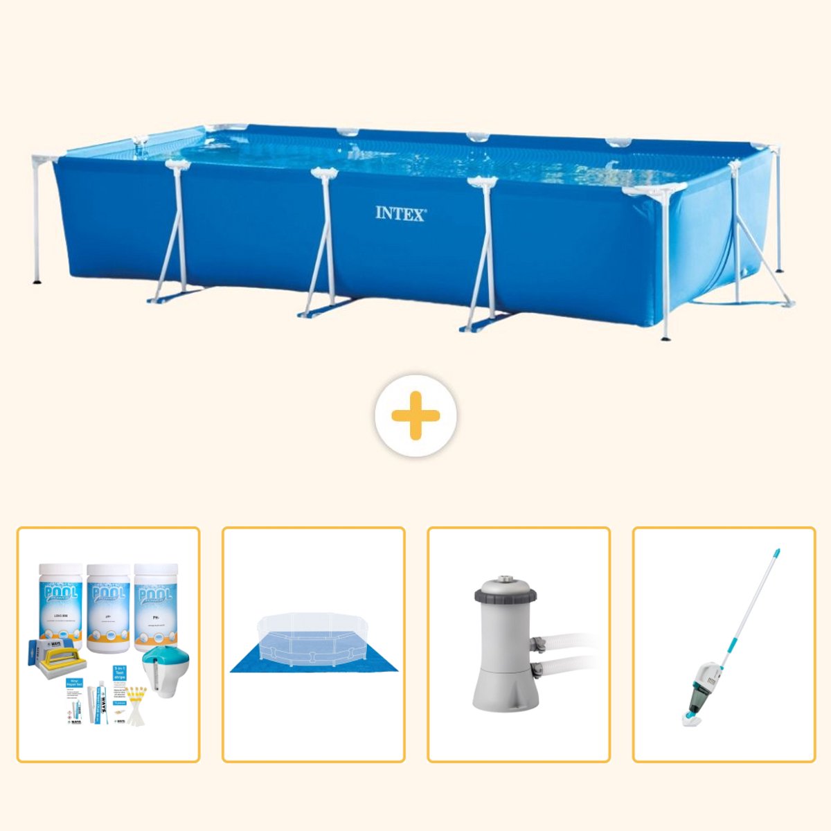 Intex Rechthoekig Frame Zwembad - 450 x 220 x 84 cm - Blauw - Inclusief Onderhoudspakket - Grondzeil - Zwembadfilterpomp - Stofzuiger - 5-delig