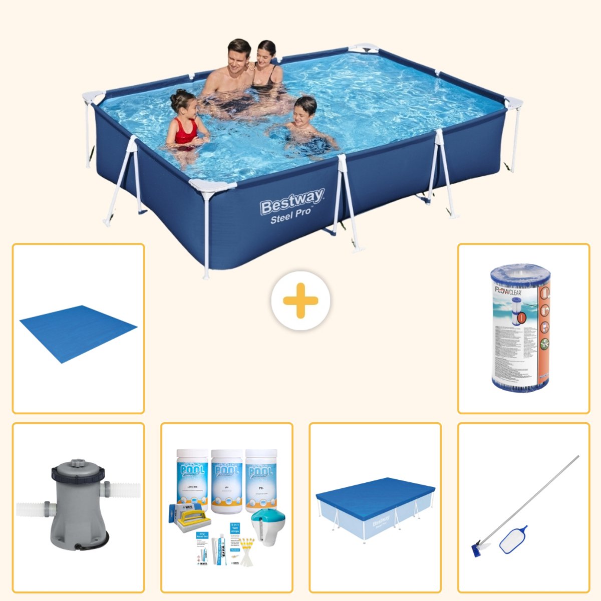 Bestway Rechthoekig Steel Pro Zwembad - 300 x 201 x 66 cm - Blauw - Inclusief Pomp - Onderhoudspakket - Afdekzeil - Schoonmaakset - Grondzeil - Filter - 7-delig
