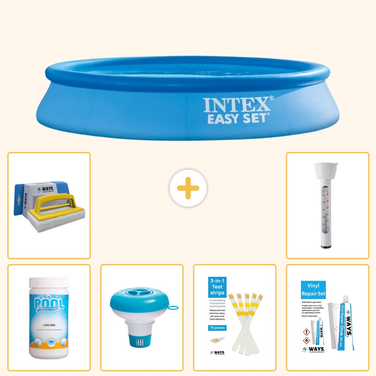 Intex Rond Opblaasbaar Easy Set Zwembad - 305 x 61 cm - Blauw - Inclusief Chloor - Chloordrijver - Testrips - Reparatiesetje - Scrubborstel - Thermometer - 7-delig