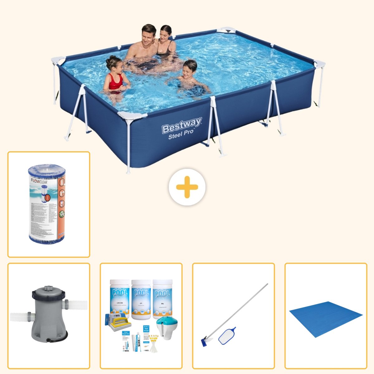 Bestway Rechthoekig Steel Pro Zwembad - 300 x 201 x 66 cm - Blauw - Inclusief Pomp - Onderhoudspakket - Schoonmaakset - Grondzeil - Filter - 6-delig