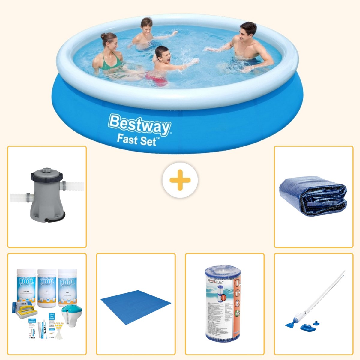 Bestway Rond Opblaasbaar Fast Set Zwembad - 366 x 76 cm - Blauw - Inclusief Onderhoudspakket - Grondzeil - Filter - Stofzuiger - Zwembadfilterpomp - Solarzeil - 7-delig