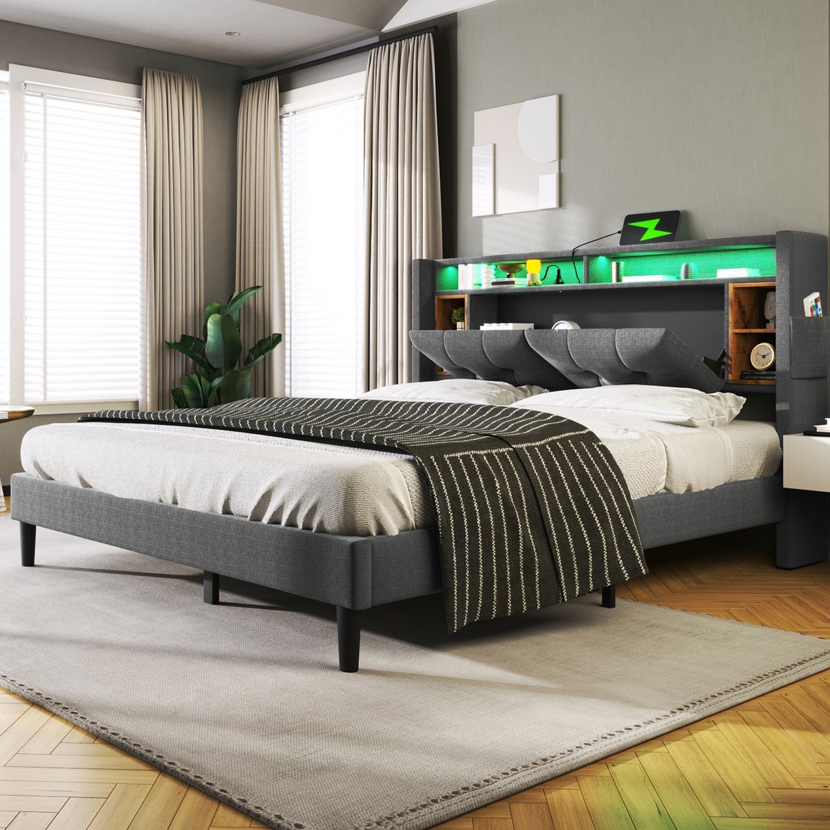 OKWISH Gestoffeerd Bed 160x200 cm - Tweepersoonsbed Met USB-Oplaadpunten en Ledverlichting - Opberghoofdbord - Zonder Matras - Grijs