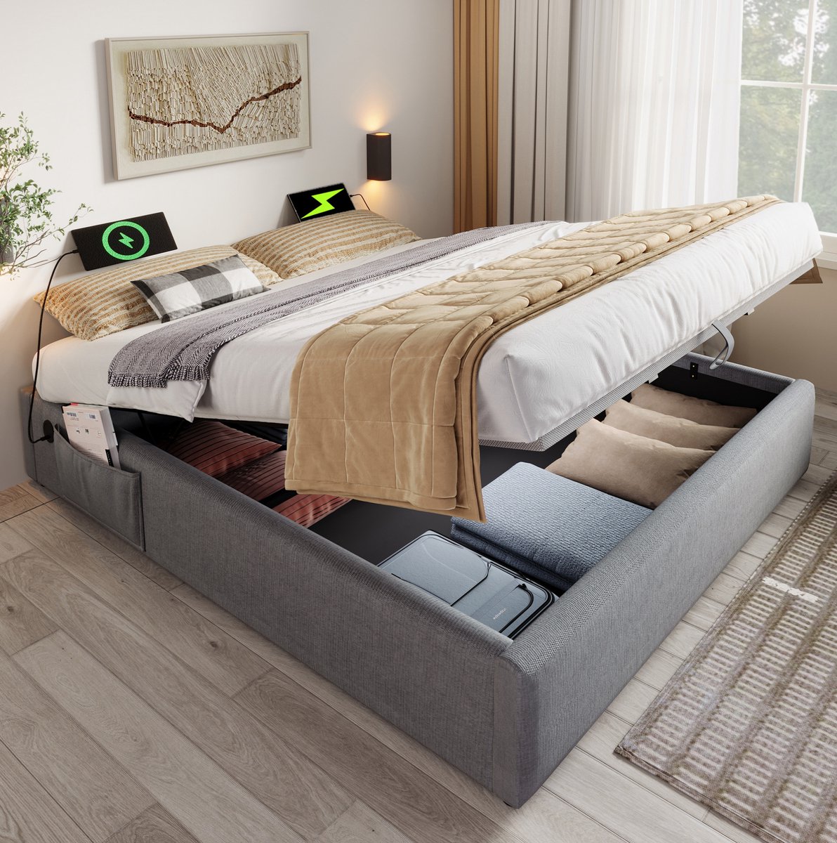 OKWISH Gestoffeerd Bed 160x200 cm - Tweepersoonsbed Met USB-C En Opbergruimte - Hydraulisch - Zonder Hoofdbord - Zonder Matras - Grijs