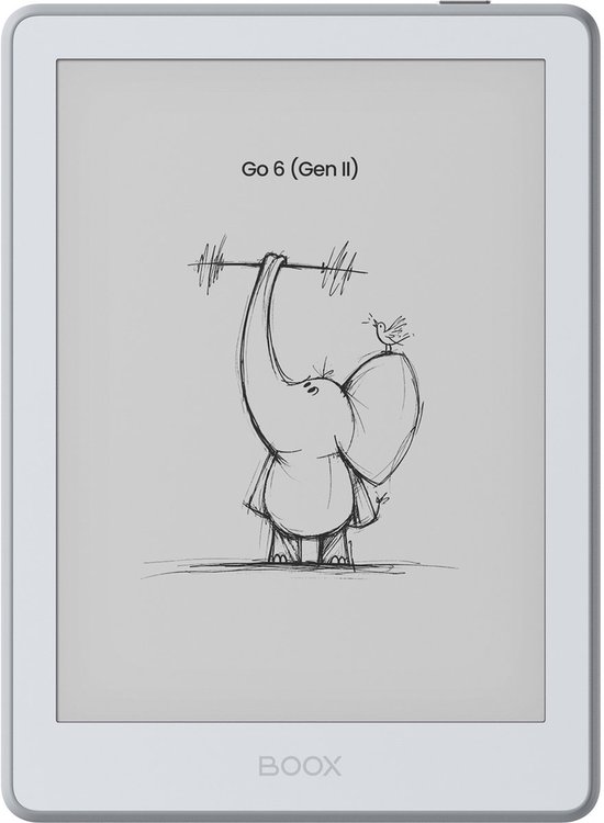 Witte BOOX e-reader met een schets van een olifant met halters op het scherm.