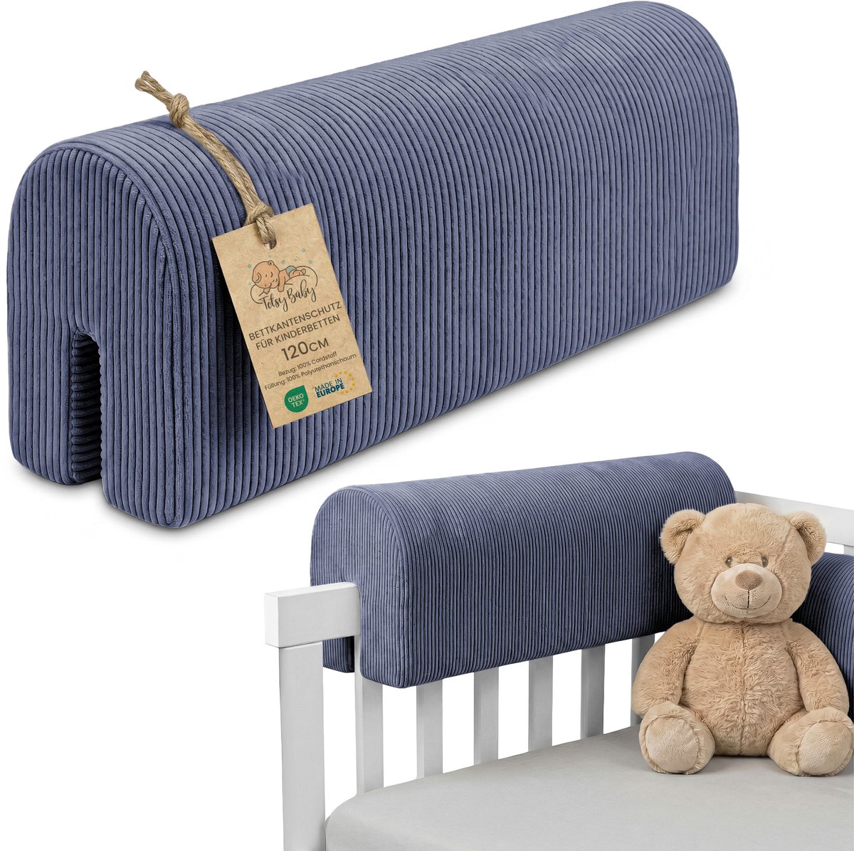 Bedrandbescherming voor kinderbedden 120 cm - bescherming voor bedframe babybed valbescherming voor boxspringbed bedrail met hoesrandbescherming kinderbabybedje Oeko-Tex Jeansblauw
