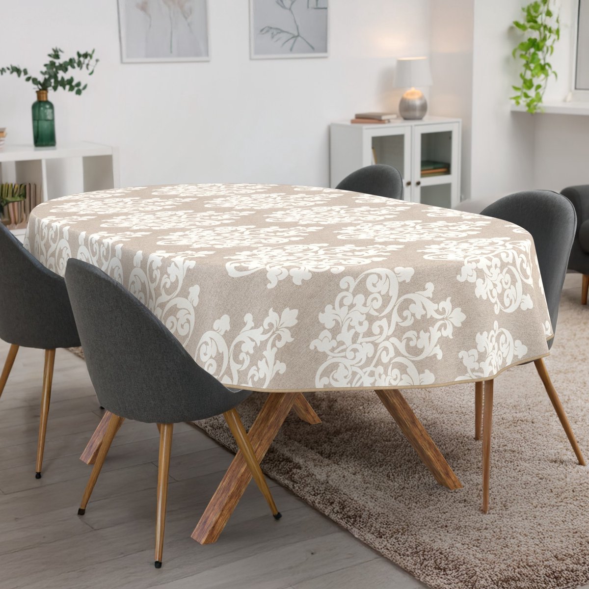 ANRO Tafelkleed Damast Beige Ovaal 160x140cm Met sierband Afwasbaar Waterafstotend Binnen & Buiten