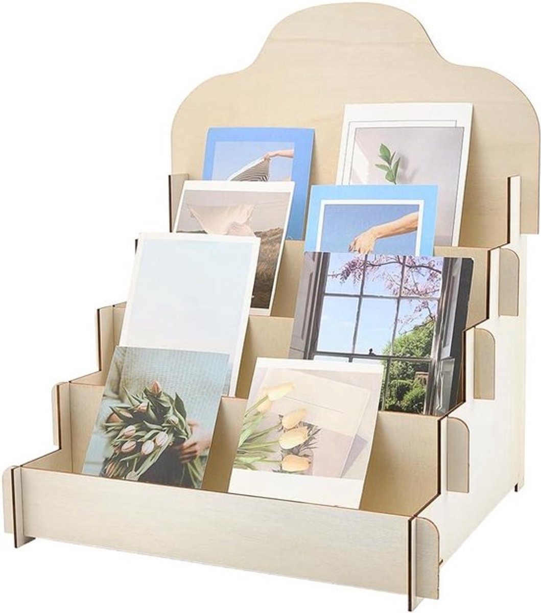 Wenskaartenstandaard van hout, wenskaarten, displayhouder, beige, 4 niveaus, ansichtkaarten, stickers, brochure-organizer, standaard voor brochures, foto's, snacks, verkoopbalies.