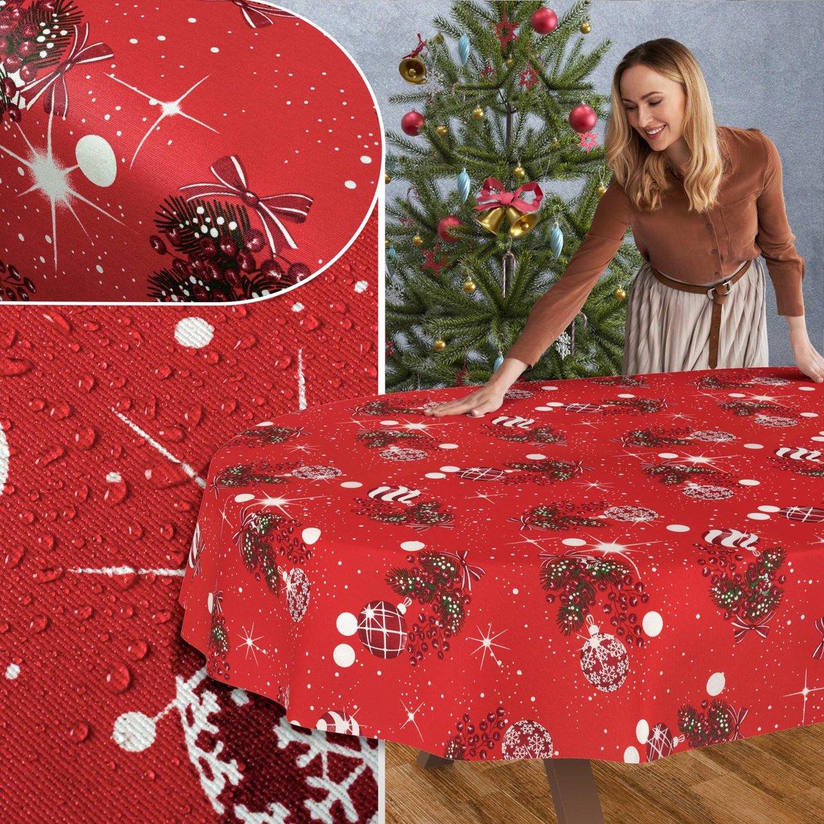 ANRO Tafelkleed Kerst maretak Rood Ovaal 260x140cm Rechte rand Afwasbaar Waterafstotend
