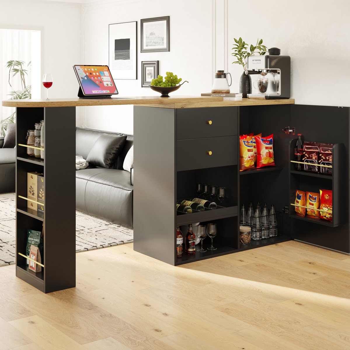 COVREO Buffetkast 138 x 39 x 104 cm - draaibaar, met lades en open opbergruimte, zwart