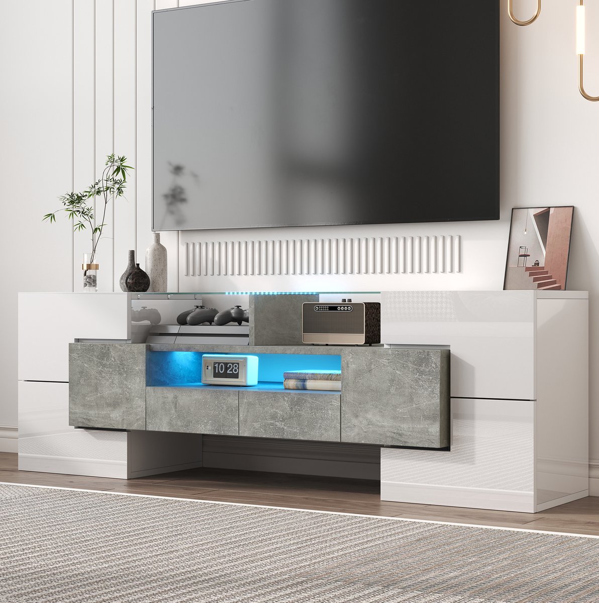COVREO TV meubel 145 x 30 x 51 cm - hoogglans wit met betonlook, LED-verlichting