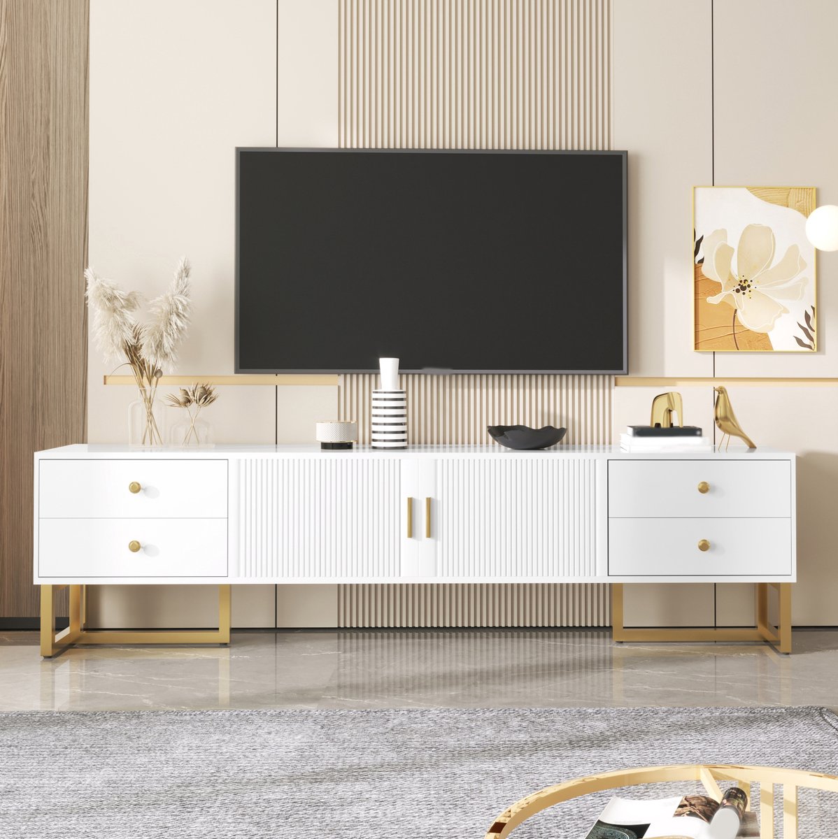 COVREO TV meubel 175 x 30 x 46 cm - wit, 4 lades, 2 deuren, MDF
