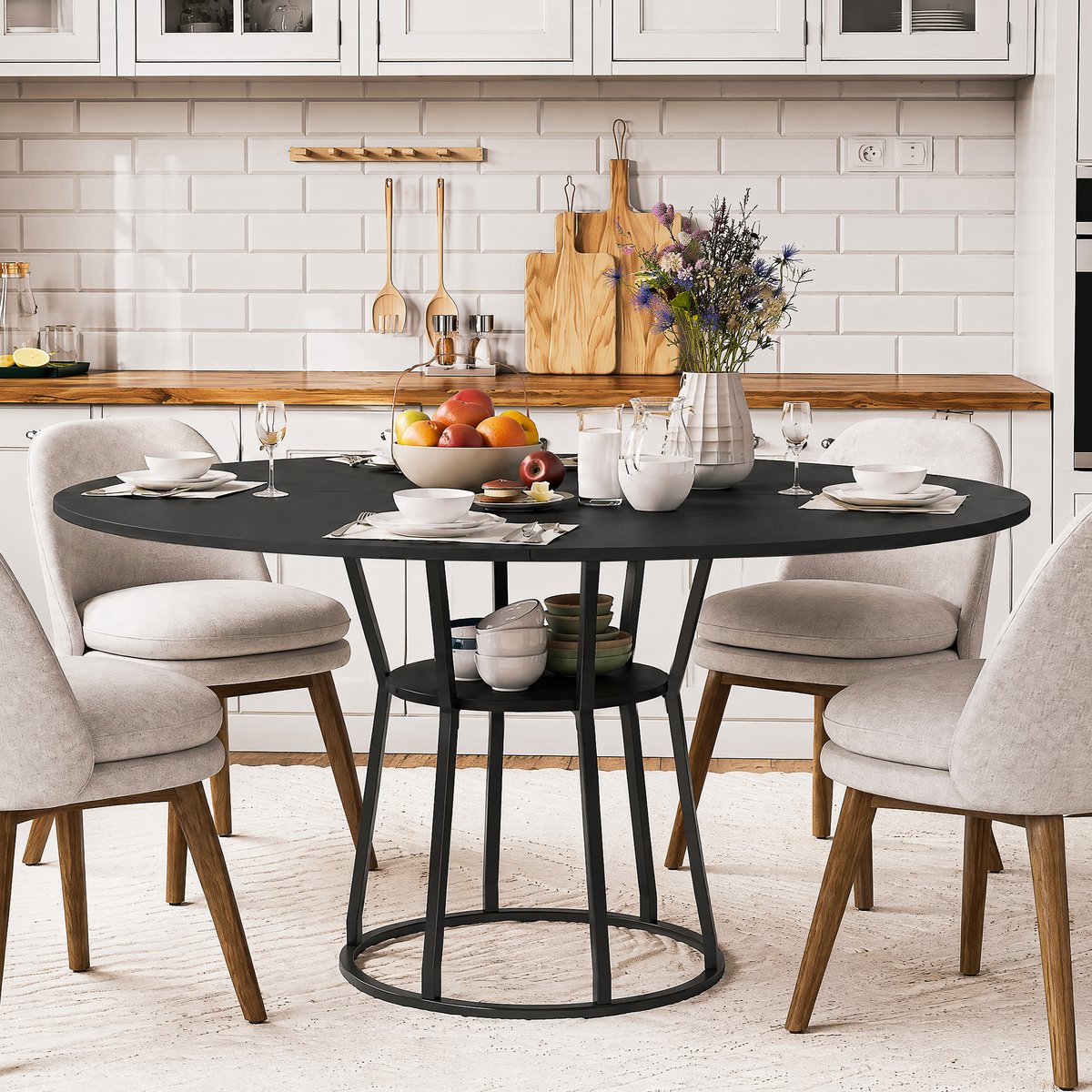 Ronde Eettafel Ø120 cm MDF met Metalen Frame – Met Opbergruimte en Verstelbare Voetjes