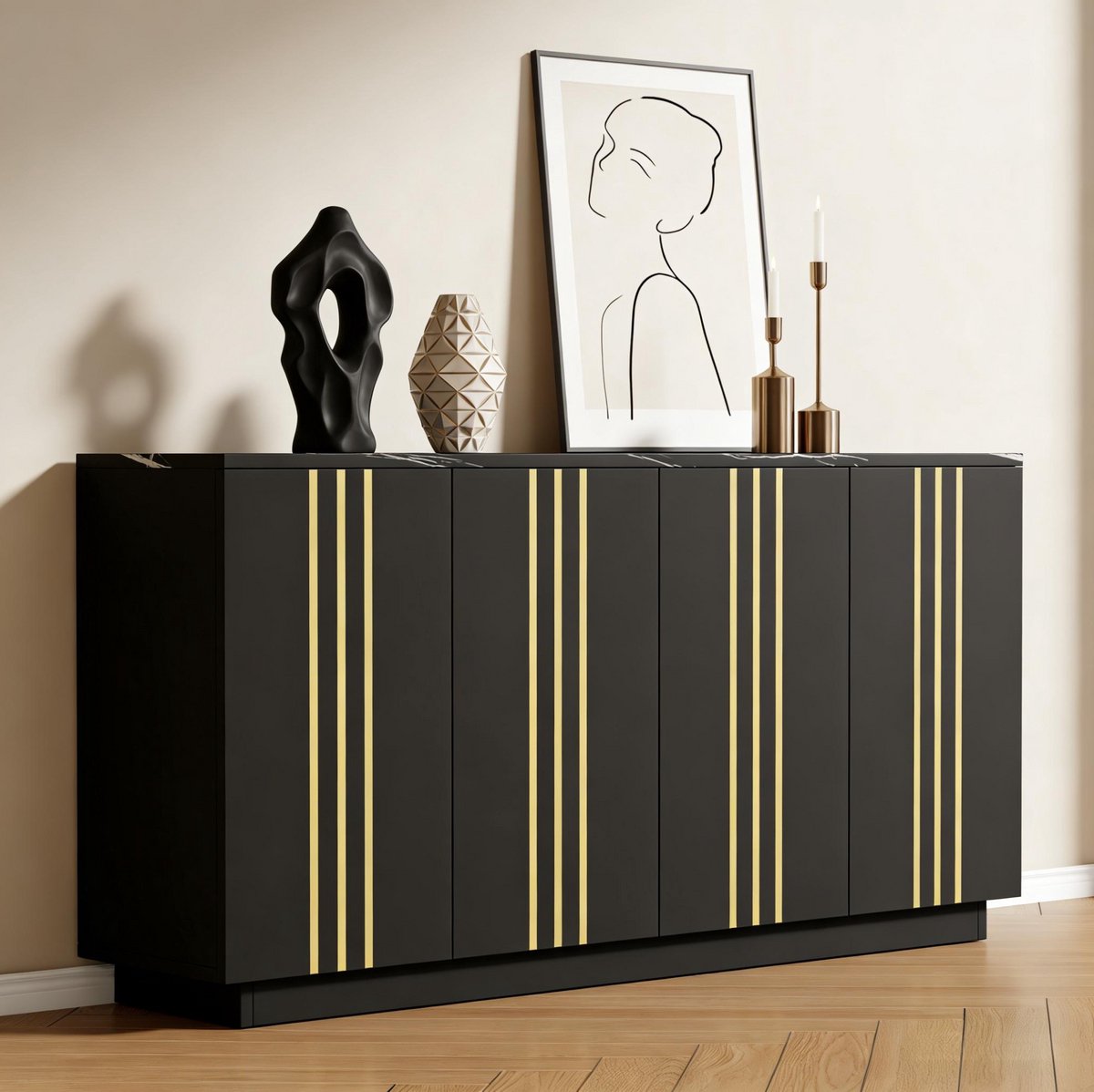 COVREO Dressoir 140 x 35 x 70 cm - 4 deuren, verstelbare indeling, zwart met goud