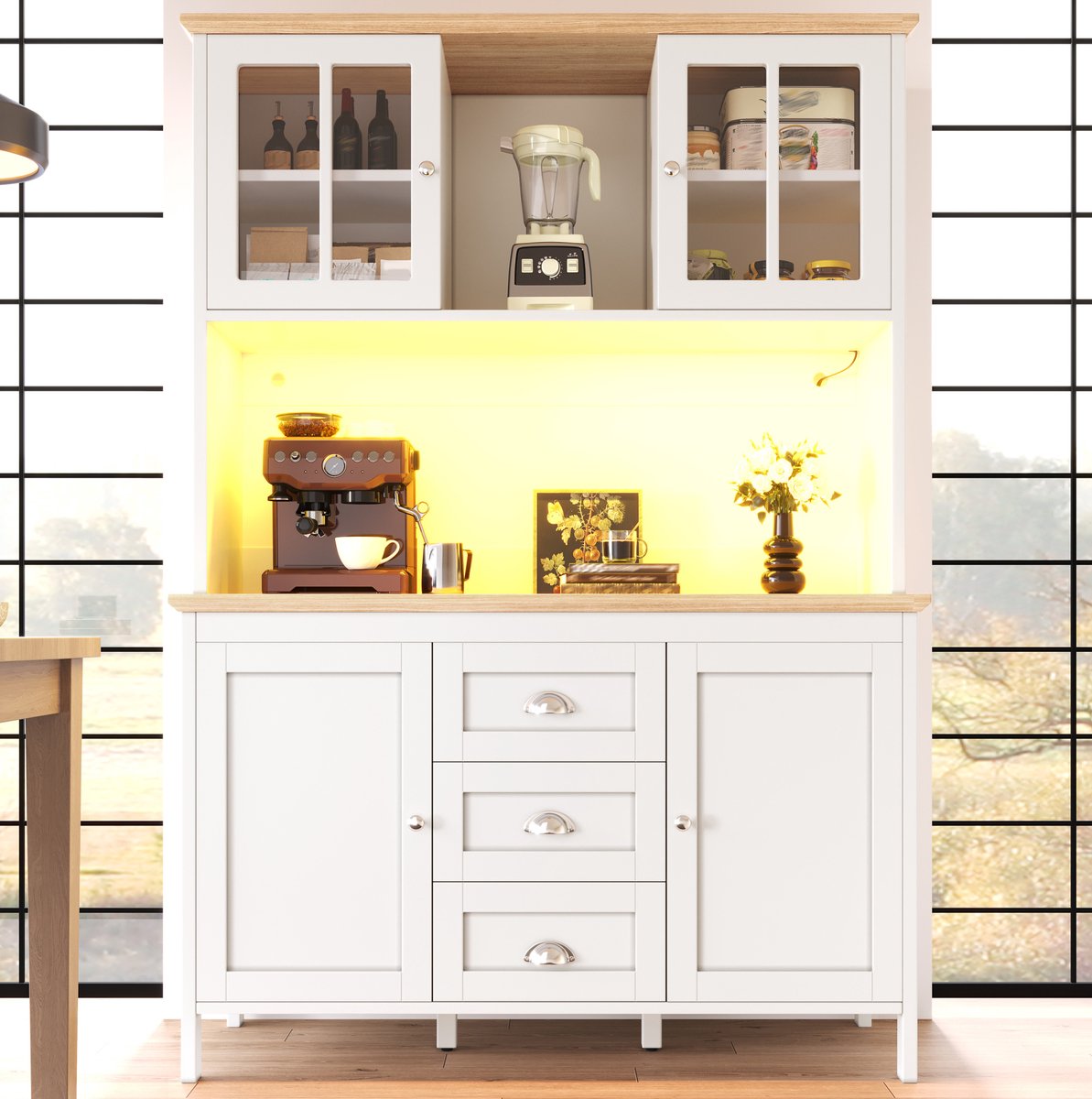 COVREO Buffetkast 120x40x179 cm - 4 deuren, 3 lades, LED-verlichting, wit