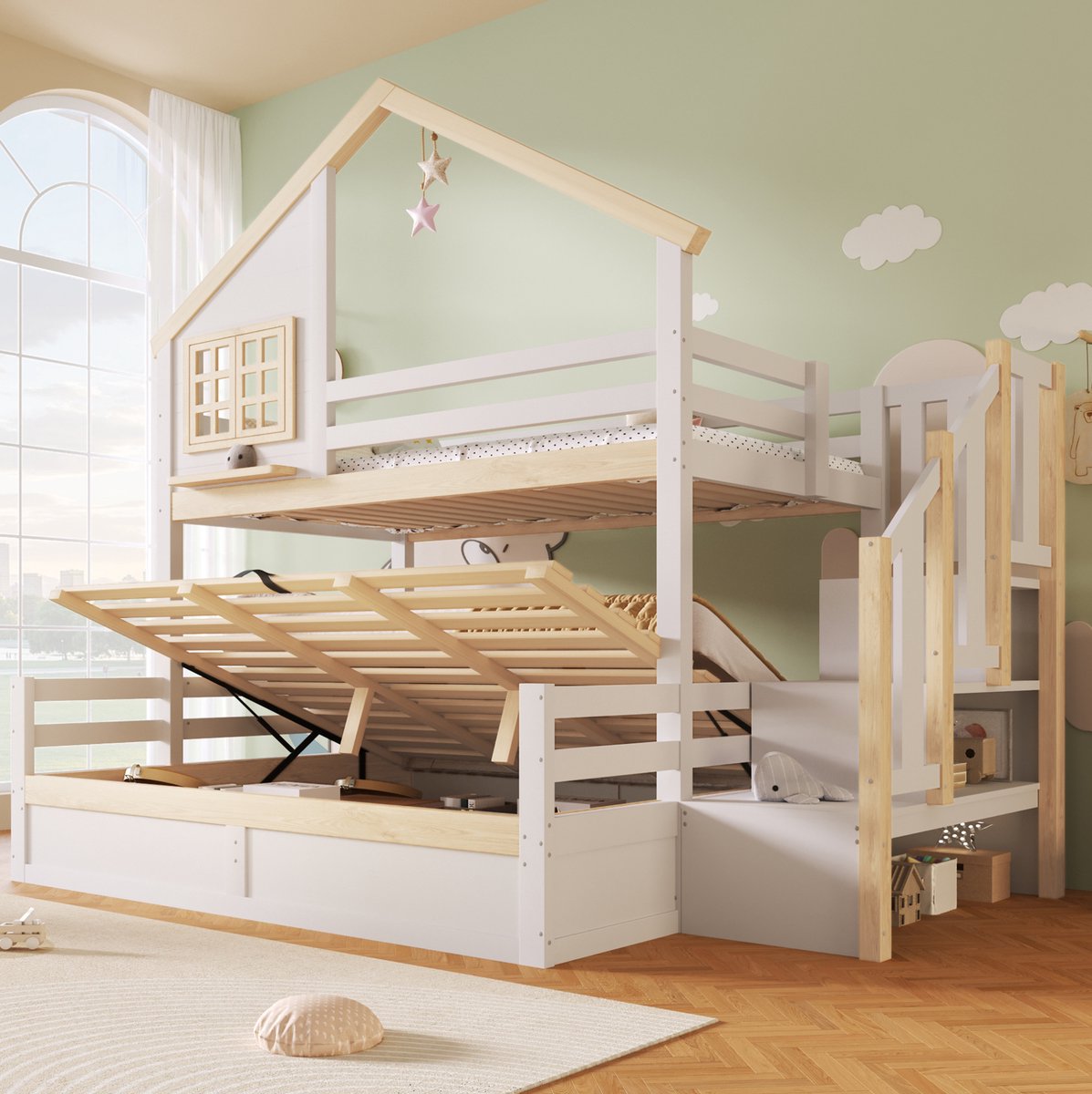 OKWISH Stapelbed 90x200 cm en 140x200 cm - Met Hydraulische Opbergruimte en Opbergladder - Huisvormig Kinderbed - Hout - Wit en Naturel - Zonder Matras