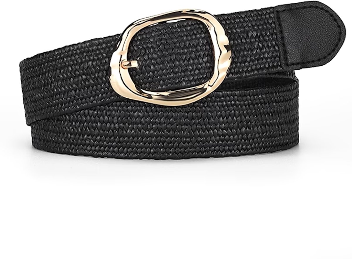 Rotan Buckle Riem - Zwart | Riemmaat 100 cm | Polyester/PU | Gevlochten Raffia | Fashion Favorite
